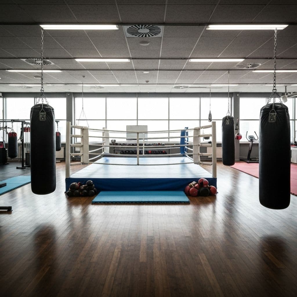 Boutique boxing studio with ring and heavy bags